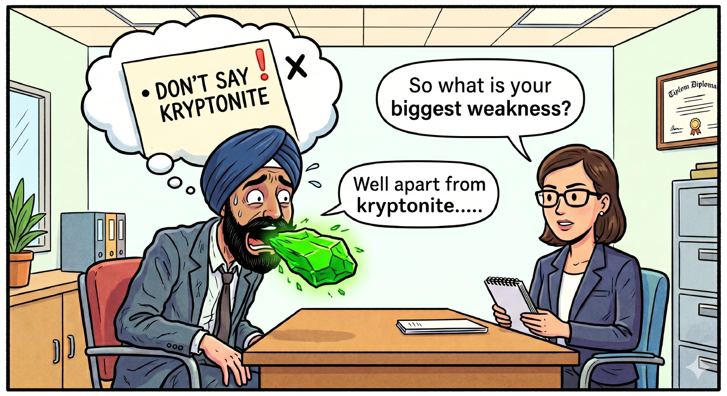 A 2D digital illustration in the style of a modern graphic novel (think The New Yorker cartoon). A panicked candidate is sitting across from a polite but confused HR manager in a generic office. Above the candidate’s head is a classic 'thought bubble' containing a checklist with only one item: 'DON’T SAY KRYPTONITE.' Below that, a glowing green kryptonite rock is falling out of the candidate’s actual mouth while they speak. Bright colors and expressive facial features. (ai prompt)