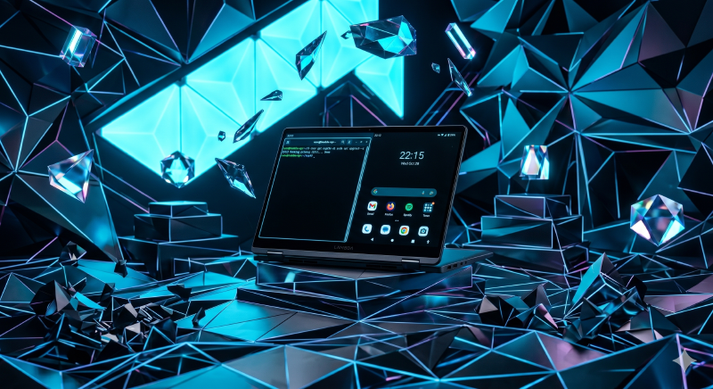 A sleek 2-in-1 laptop folded into tablet mode, displaying a terminal window alongside an Android interface. Abstract geometric shapes and moody neon blue lighting.