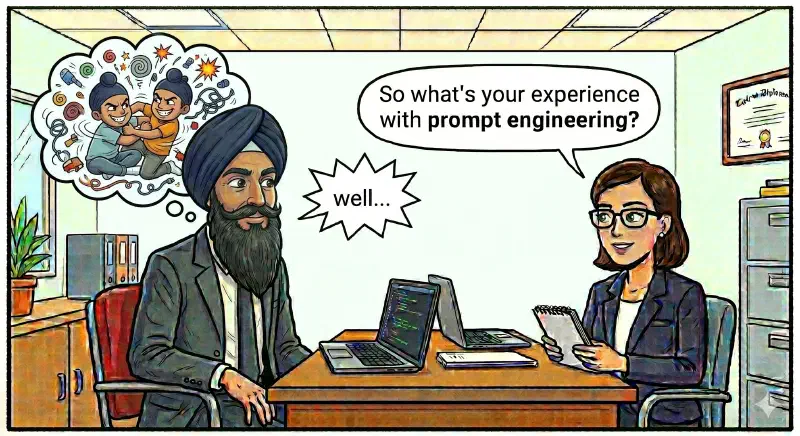 An image illustrating the story of a father being asked about his experience with prompt engineering.
