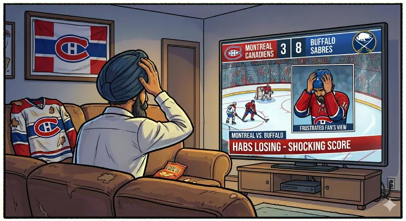 A man watching his Habs get destroyed and lose 8-3 against the Sabres.